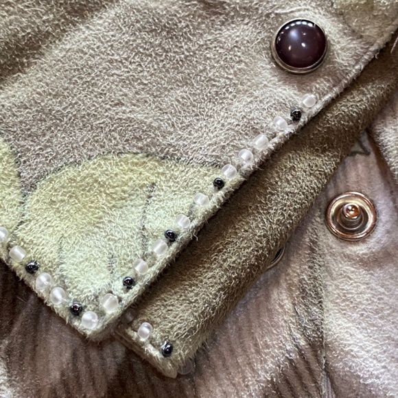 Suede-like leaf pattern Jane Doe brand Shirt with Pearl Snap buttons Size L - Picture 15 of 15
